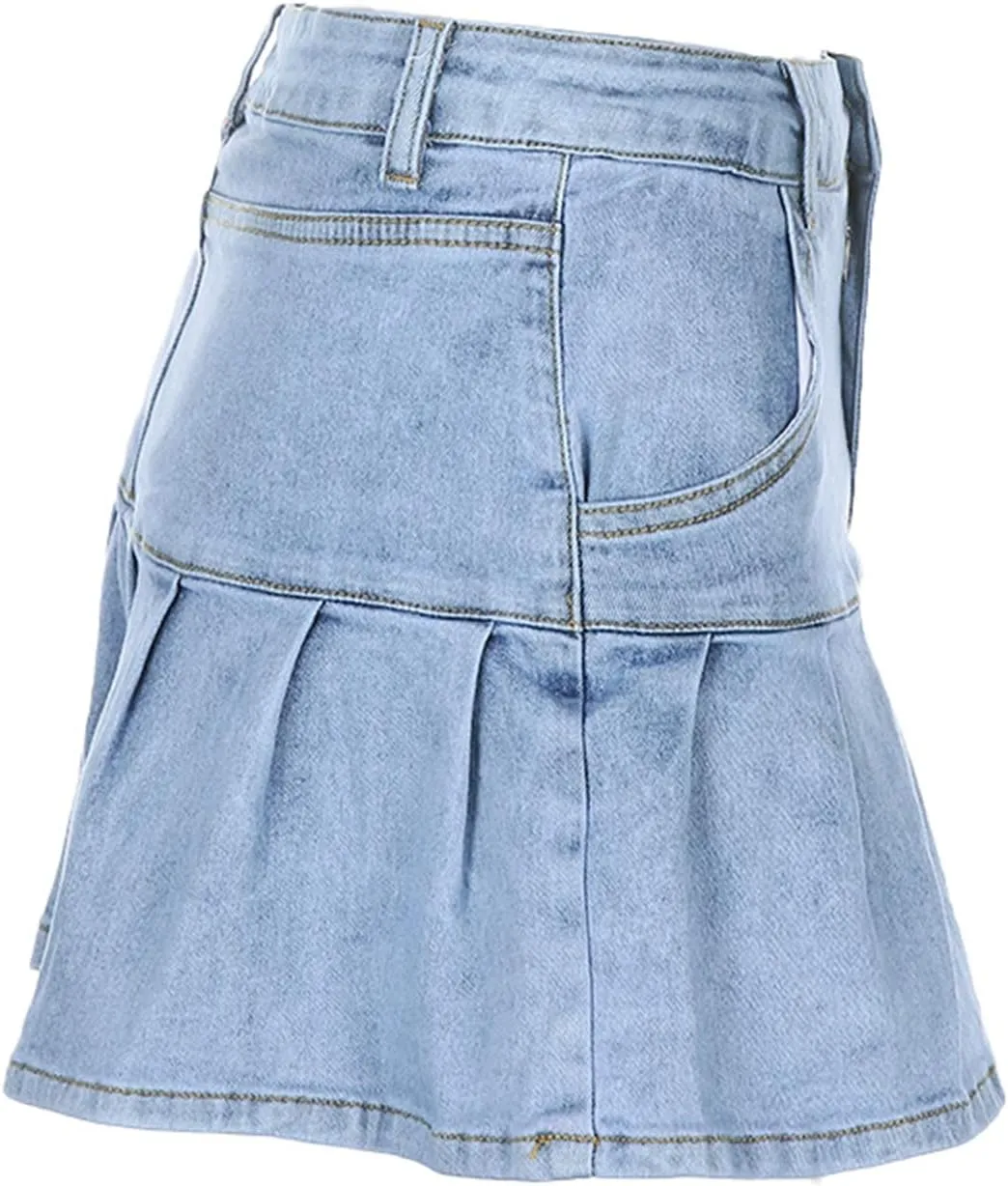 Women's Layered Ruffle Denim Skirts Vintage Mid Waist Jean Mini Skirts Y2K Girls Pleated A-Line Skirts Streetwear