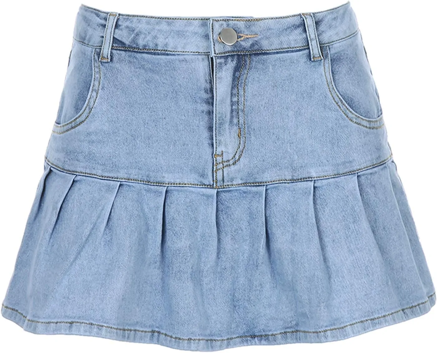 Women's Layered Ruffle Denim Skirts Vintage Mid Waist Jean Mini Skirts Y2K Girls Pleated A-Line Skirts Streetwear