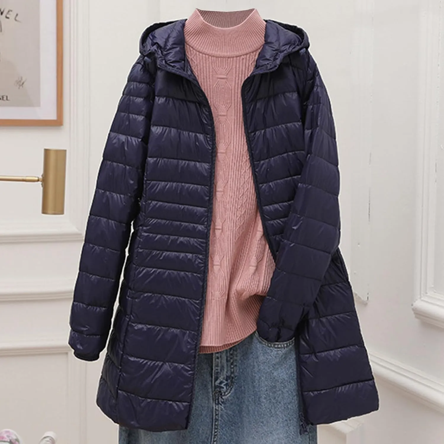 Womens Lightweight Long Puffer Jacket Winter Warm Packable Down Coat Oversized Zip Up Long Sleeve Outerwear With Hood
