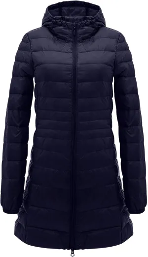 Womens Lightweight Long Puffer Jacket Winter Warm Packable Down Coat Oversized Zip Up Long Sleeve Outerwear With Hood