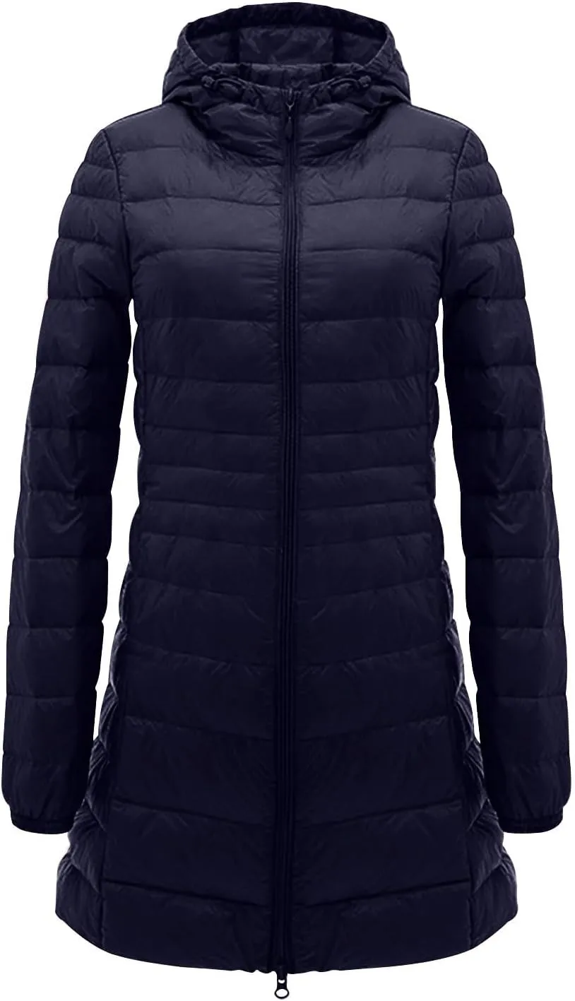 Womens Lightweight Long Puffer Jacket Winter Warm Packable Down Coat Oversized Zip Up Long Sleeve Outerwear With Hood