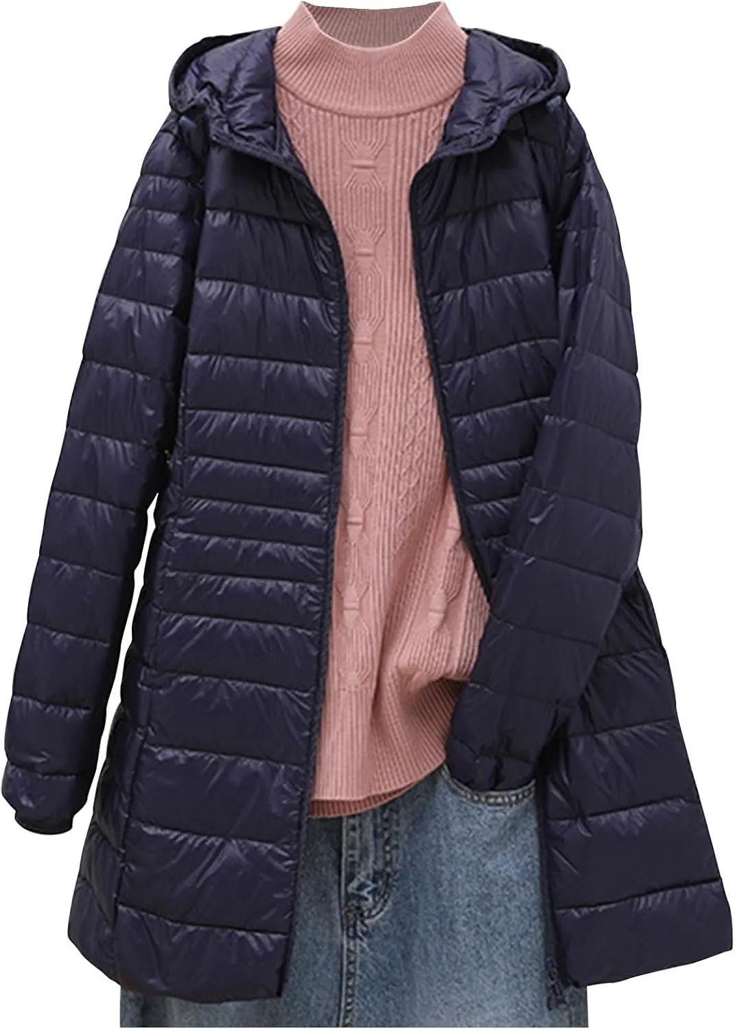 Womens Lightweight Long Puffer Jacket Winter Warm Packable Down Coat Oversized Zip Up Long Sleeve Outerwear With Hood