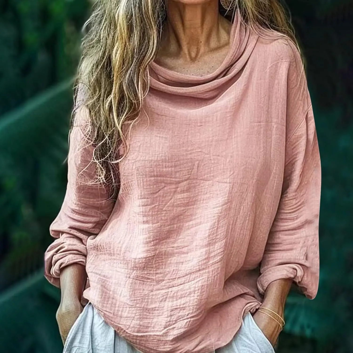 Women's Linen 3/4 Sleeve Blouse Dressy Casual Crew Neck Summer Beach Tops Loose Fit Crinkle Shirts Flowy Gauze Tunic