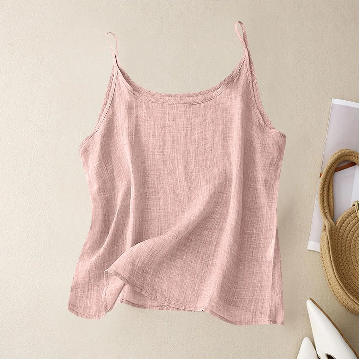 Womens Linen Tank Top Sleeveless Spaghetti Strap Top Casual Solid Color Tops Dressy Fashion Tops Summer Flowy Tank Top