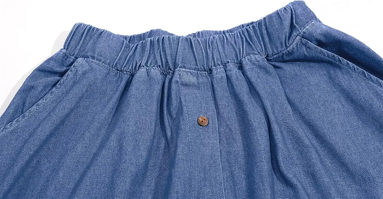 Women's Long Jean Skirts Button Front Denim Midi Skirts Slit Solid Color Mid Waisted A Line Midi Skirts with Pockets