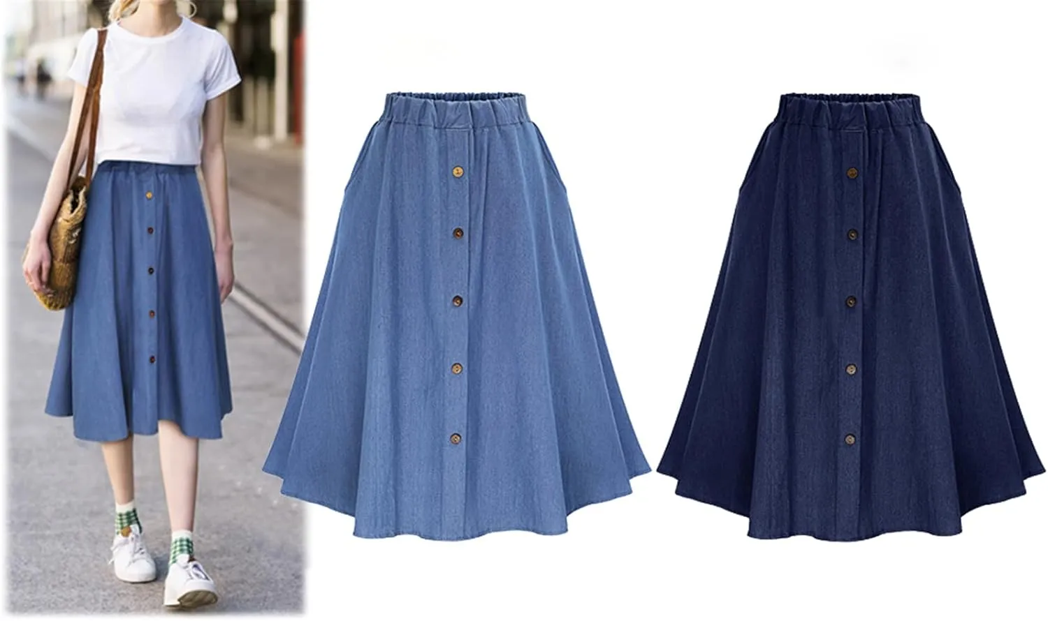 Women's Long Jean Skirts Button Front Denim Midi Skirts Slit Solid Color Mid Waisted A Line Midi Skirts with Pockets