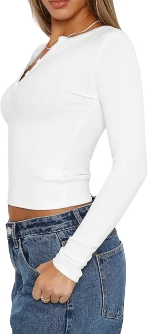 Women's Long Sleeve Shirts V-Neck Slim Fit Stretchy Solid Shirt Cropped Tops
