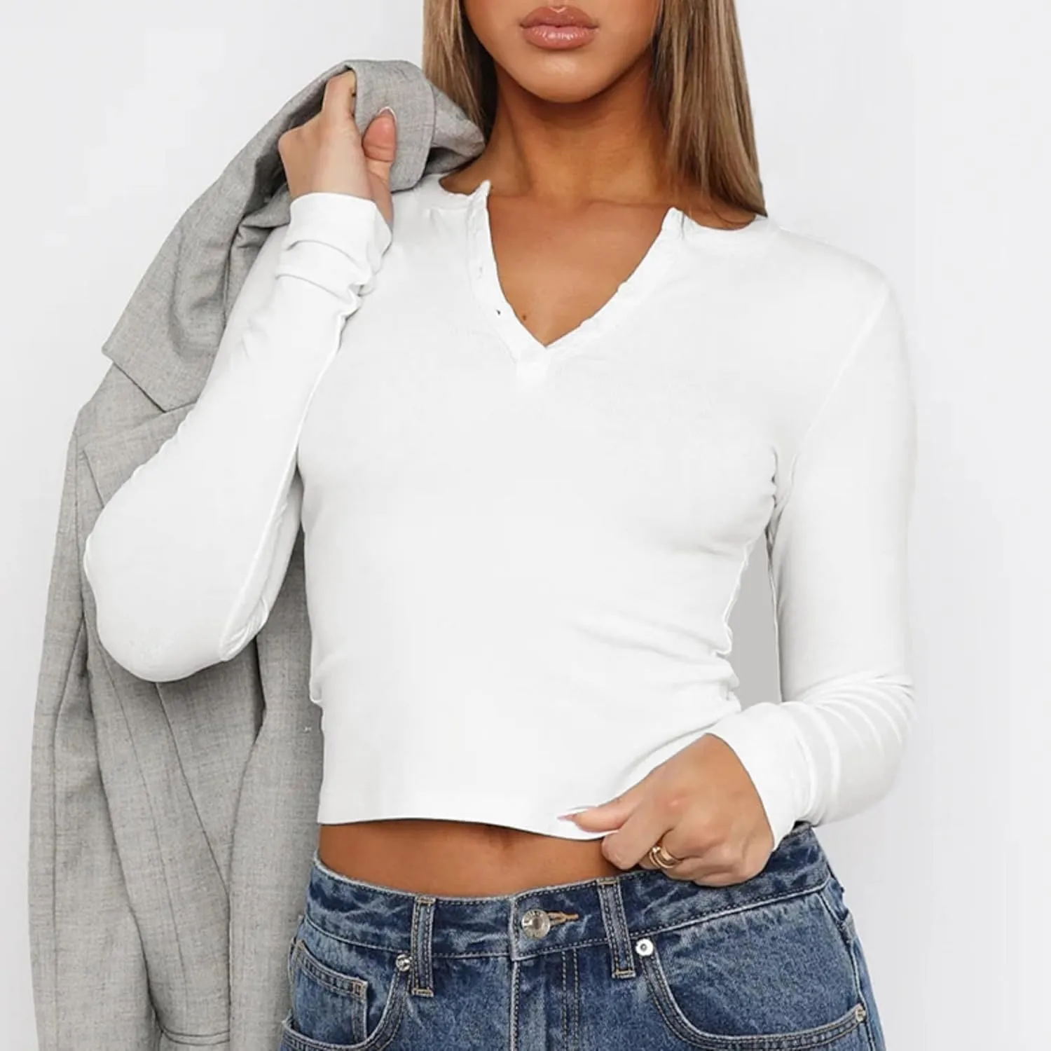 Women's Long Sleeve Shirts V-Neck Slim Fit Stretchy Solid Shirt Cropped Tops