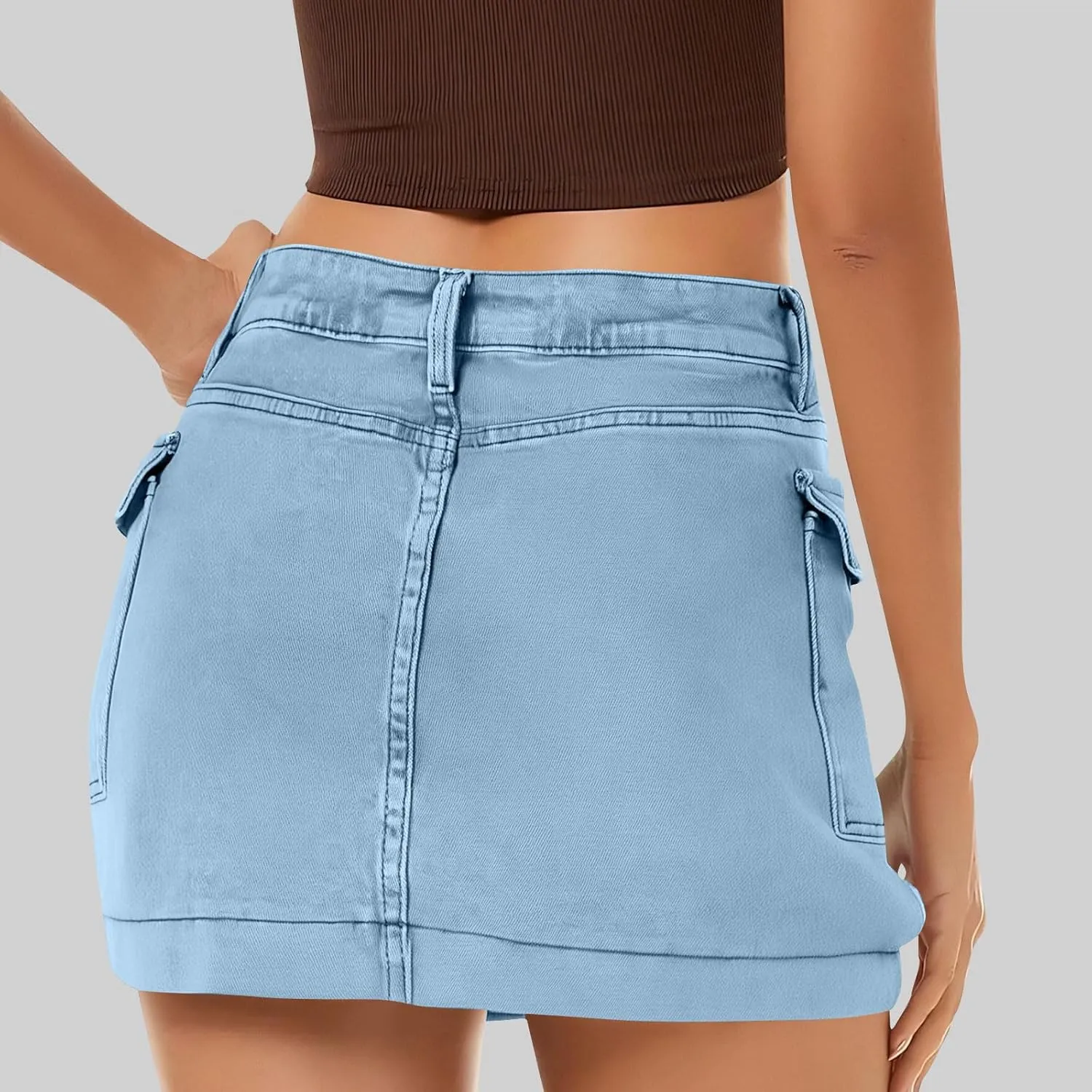 Women's Low Waist Button Bodycon Mini Cargo Denim Skirt with Pocket 2025 Summer Trendy Stretchy Short Pencil Skirts