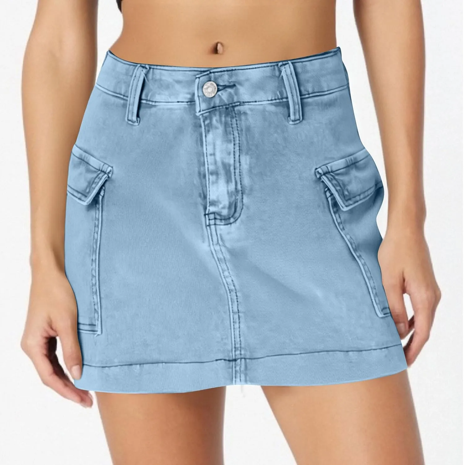 Women's Low Waist Button Bodycon Mini Cargo Denim Skirt with Pocket 2025 Summer Trendy Stretchy Short Pencil Skirts