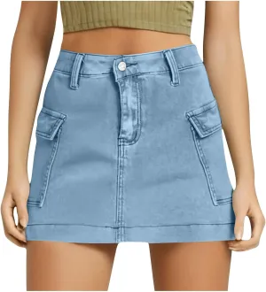 Women's Low Waist Button Bodycon Mini Cargo Denim Skirt with Pocket 2025 Summer Trendy Stretchy Short Pencil Skirts