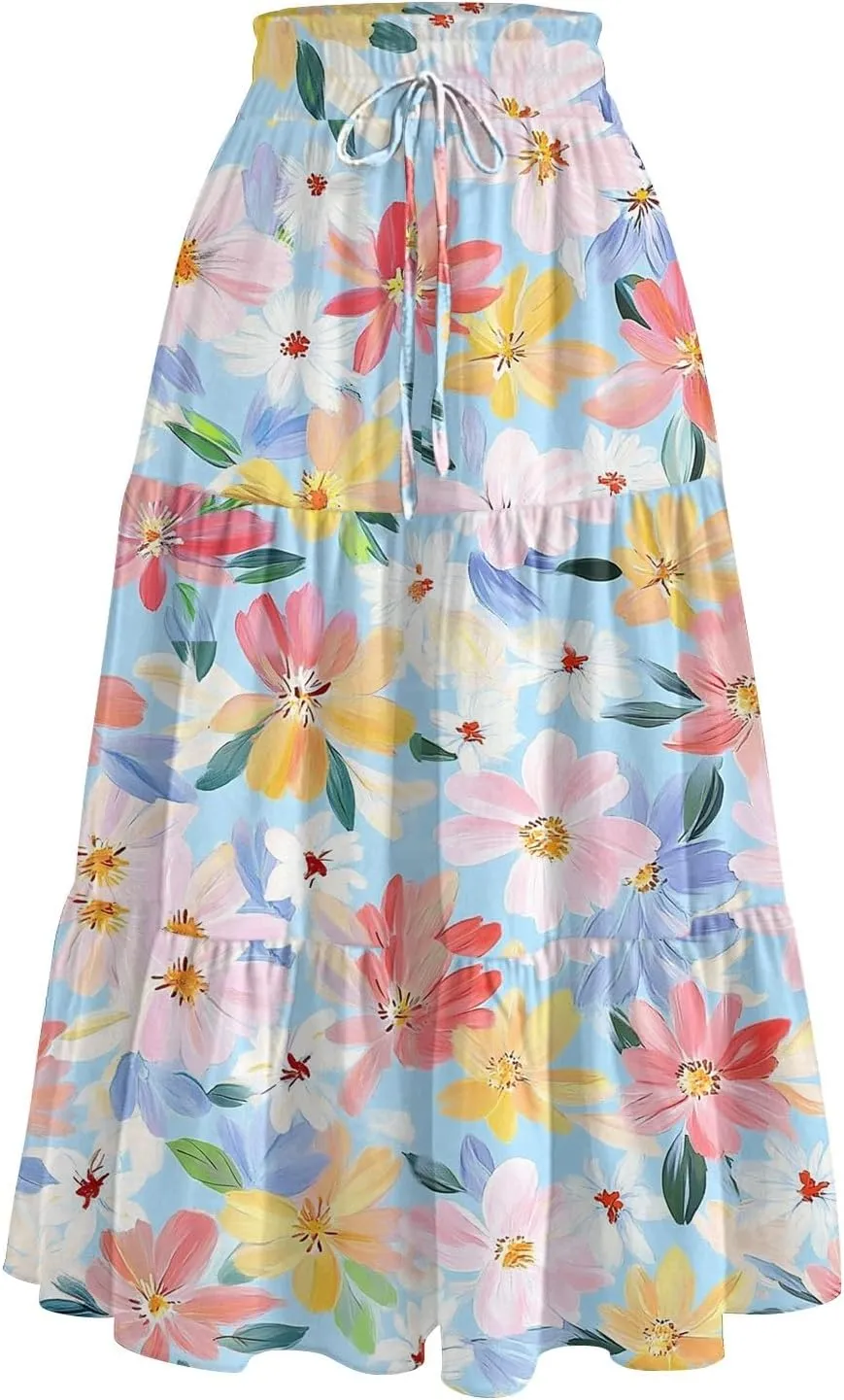 Womens Maxi Skirt Drawstring High Waisted Summer Skirts Lightweight Tiered Flowy Floral Pleated Skirts with Pockets