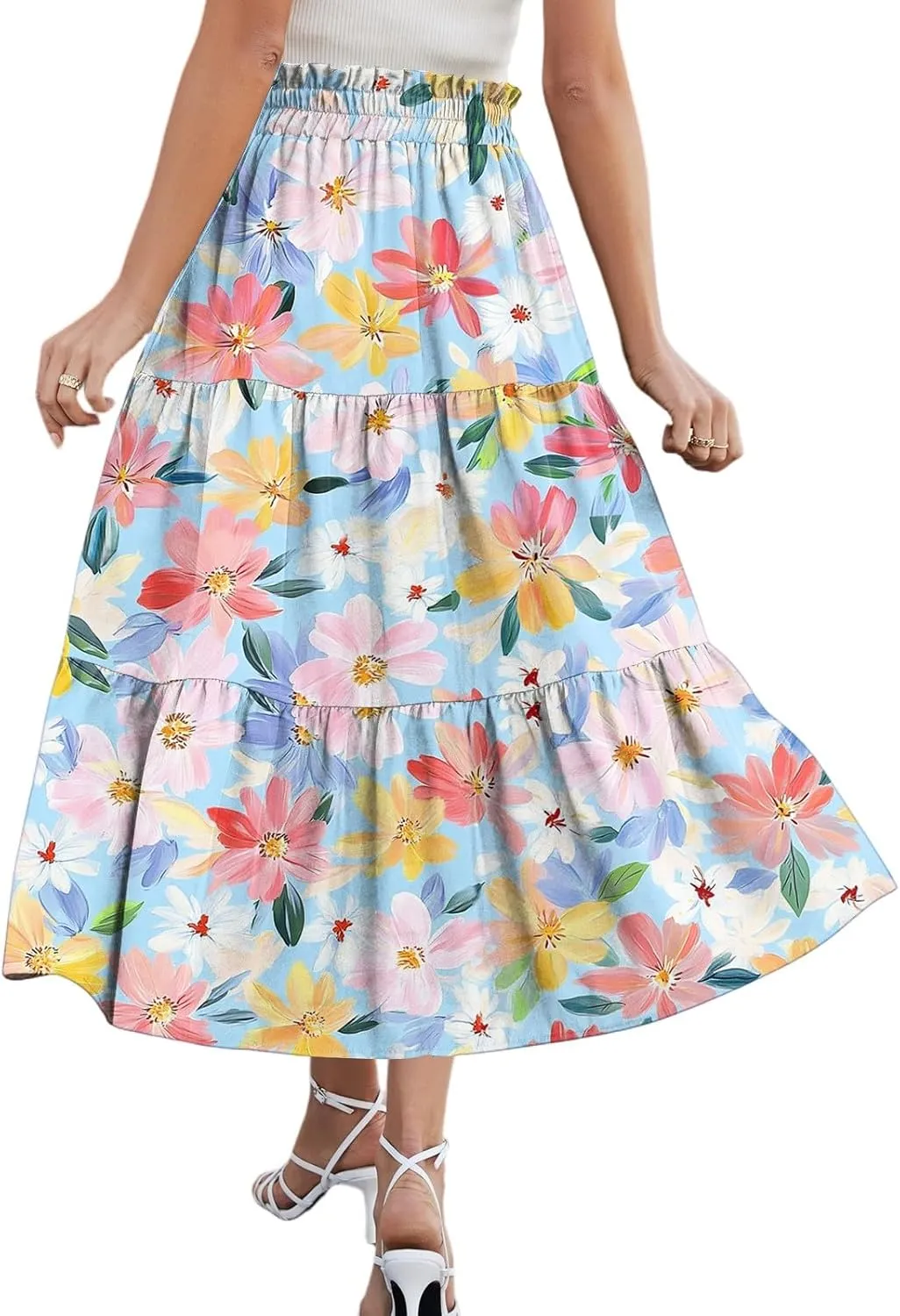 Womens Maxi Skirt Drawstring High Waisted Summer Skirts Lightweight Tiered Flowy Floral Pleated Skirts with Pockets