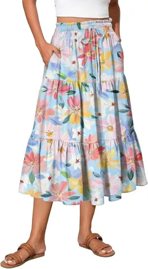 Womens Maxi Skirt Drawstring High Waisted Summer Skirts Lightweight Tiered Flowy Floral Pleated Skirts with Pockets
