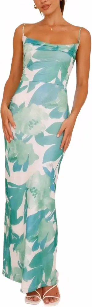Women's Mesh Ruched Bodycon Dress Floral Spaghetti Strap Maxi Dress Stretch Sexy Backless Slip Long Dresses