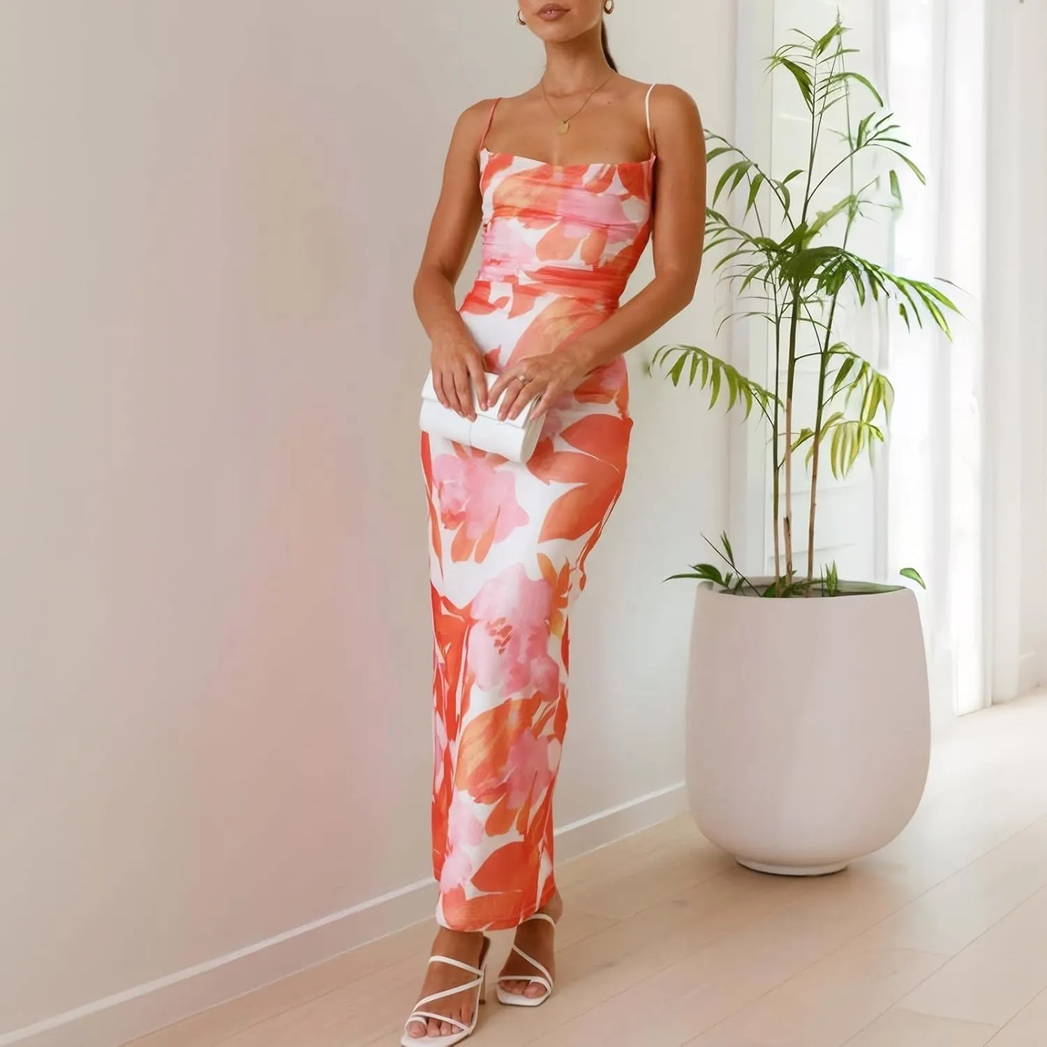 Women's Mesh Ruched Bodycon Dress Floral Spaghetti Strap Maxi Dress Stretch Sexy Backless Slip Long Dresses