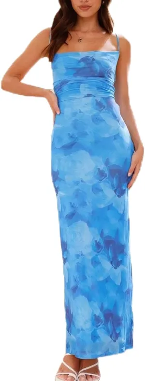 Women's Mesh Ruched Bodycon Dress Floral Spaghetti Strap Maxi Dress Stretch Sexy Backless Slip Long Dresses