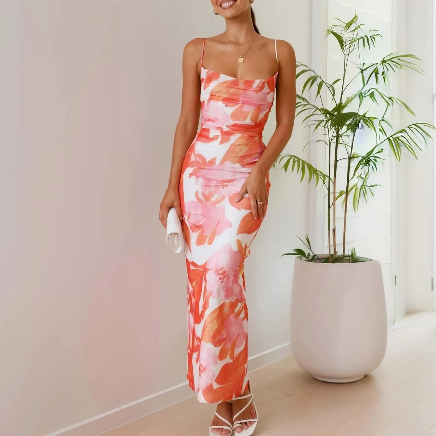 Women's Mesh Ruched Bodycon Dress Floral Spaghetti Strap Maxi Dress Stretch Sexy Backless Slip Long Dresses