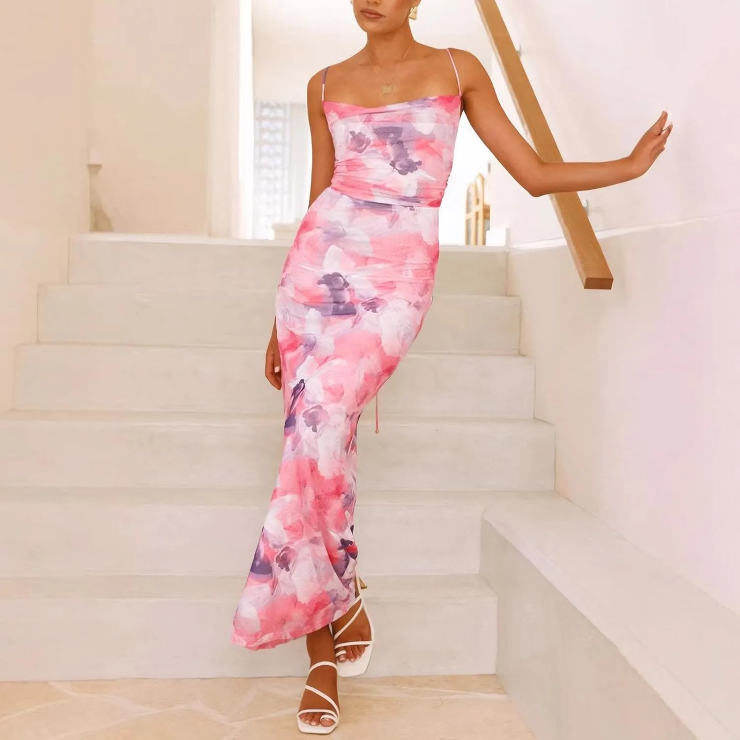 Women's Mesh Ruched Bodycon Dress Floral Spaghetti Strap Maxi Dress Stretch Sexy Backless Slip Long Dresses