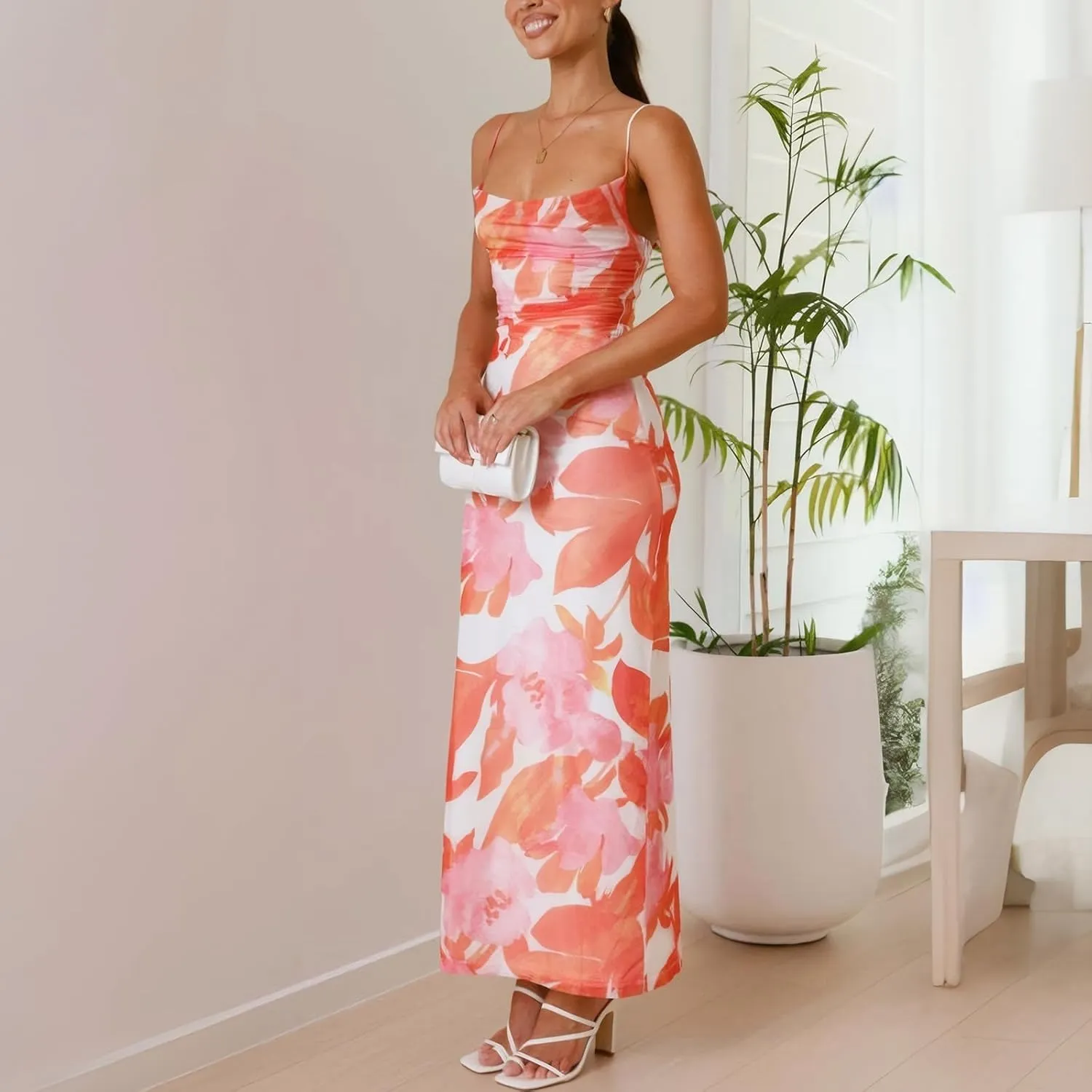 Women's Mesh Ruched Bodycon Dress Floral Spaghetti Strap Maxi Dress Stretch Sexy Backless Slip Long Dresses