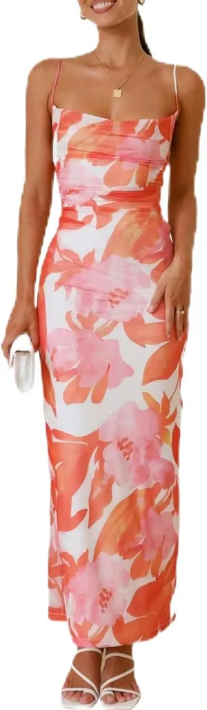 Women's Mesh Ruched Bodycon Dress Floral Spaghetti Strap Maxi Dress Stretch Sexy Backless Slip Long Dresses