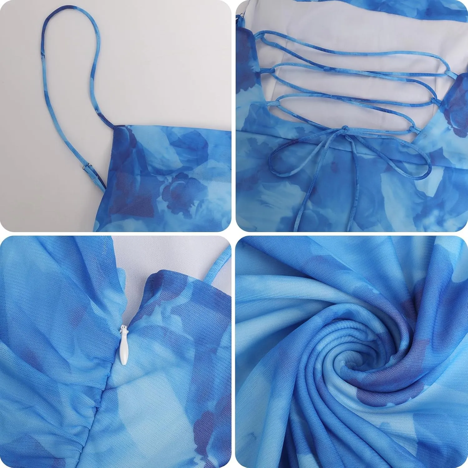 Women's Mesh Ruched Bodycon Dress Floral Spaghetti Strap Maxi Dress Stretch Sexy Backless Slip Long Dresses