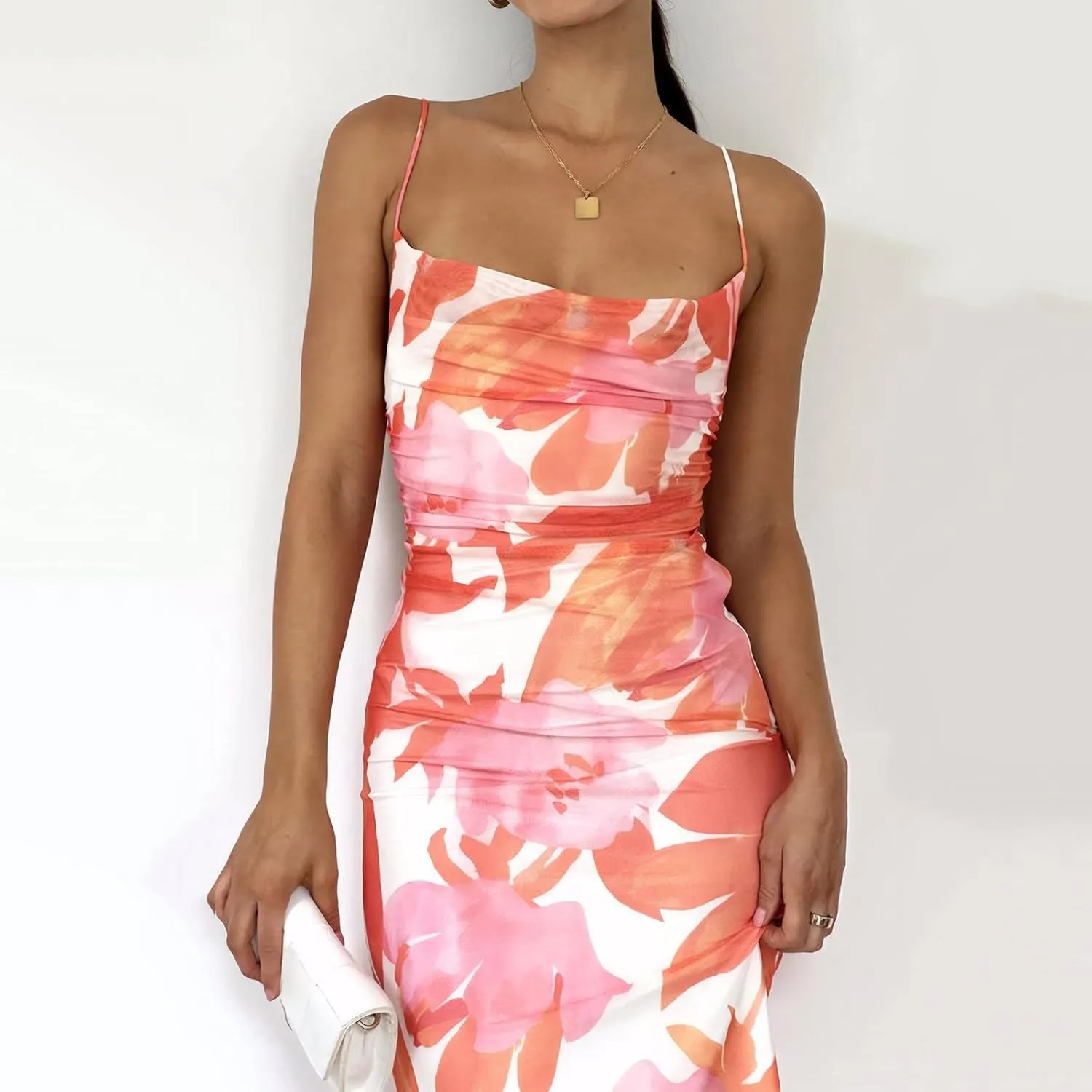 Women's Mesh Ruched Bodycon Dress Floral Spaghetti Strap Maxi Dress Stretch Sexy Backless Slip Long Dresses
