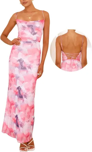 Women's Mesh Ruched Bodycon Dress Floral Spaghetti Strap Maxi Dress Stretch Sexy Backless Slip Long Dresses