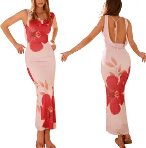 Women's Mesh Ruched Bodycon Dress Floral Spaghetti Strap Maxi Dress Stretch Sexy Backless Slip Long Dresses