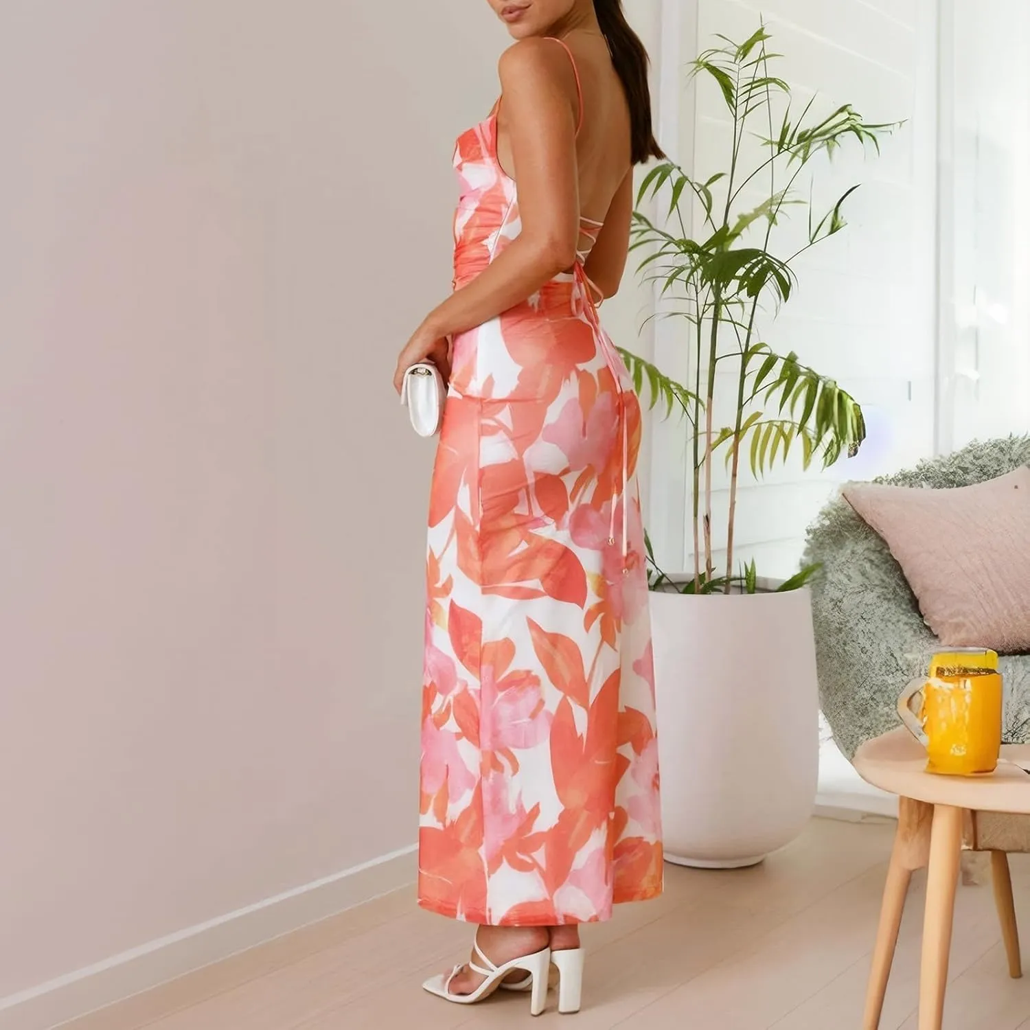 Women's Mesh Ruched Bodycon Dress Floral Spaghetti Strap Maxi Dress Stretch Sexy Backless Slip Long Dresses