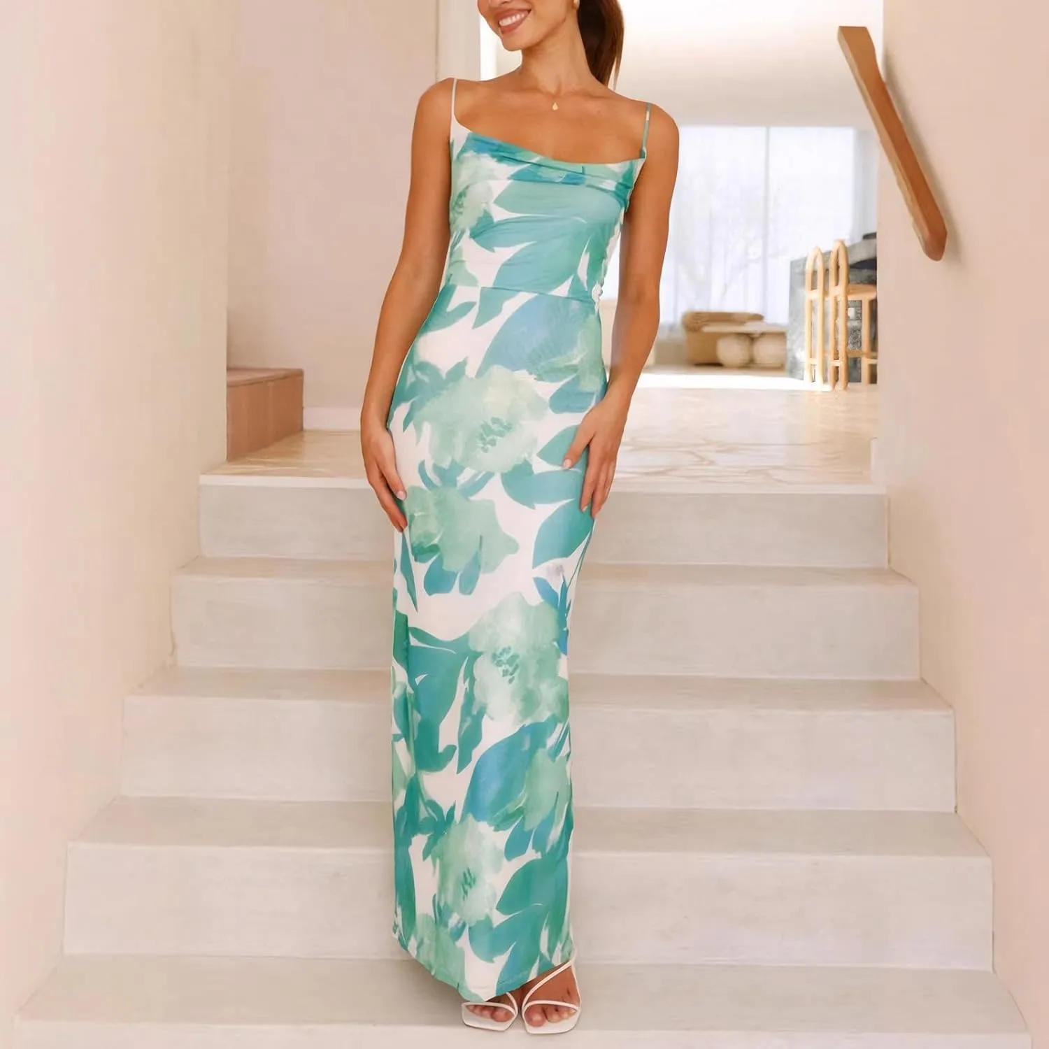 Women's Mesh Ruched Bodycon Dress Floral Spaghetti Strap Maxi Dress Stretch Sexy Backless Slip Long Dresses
