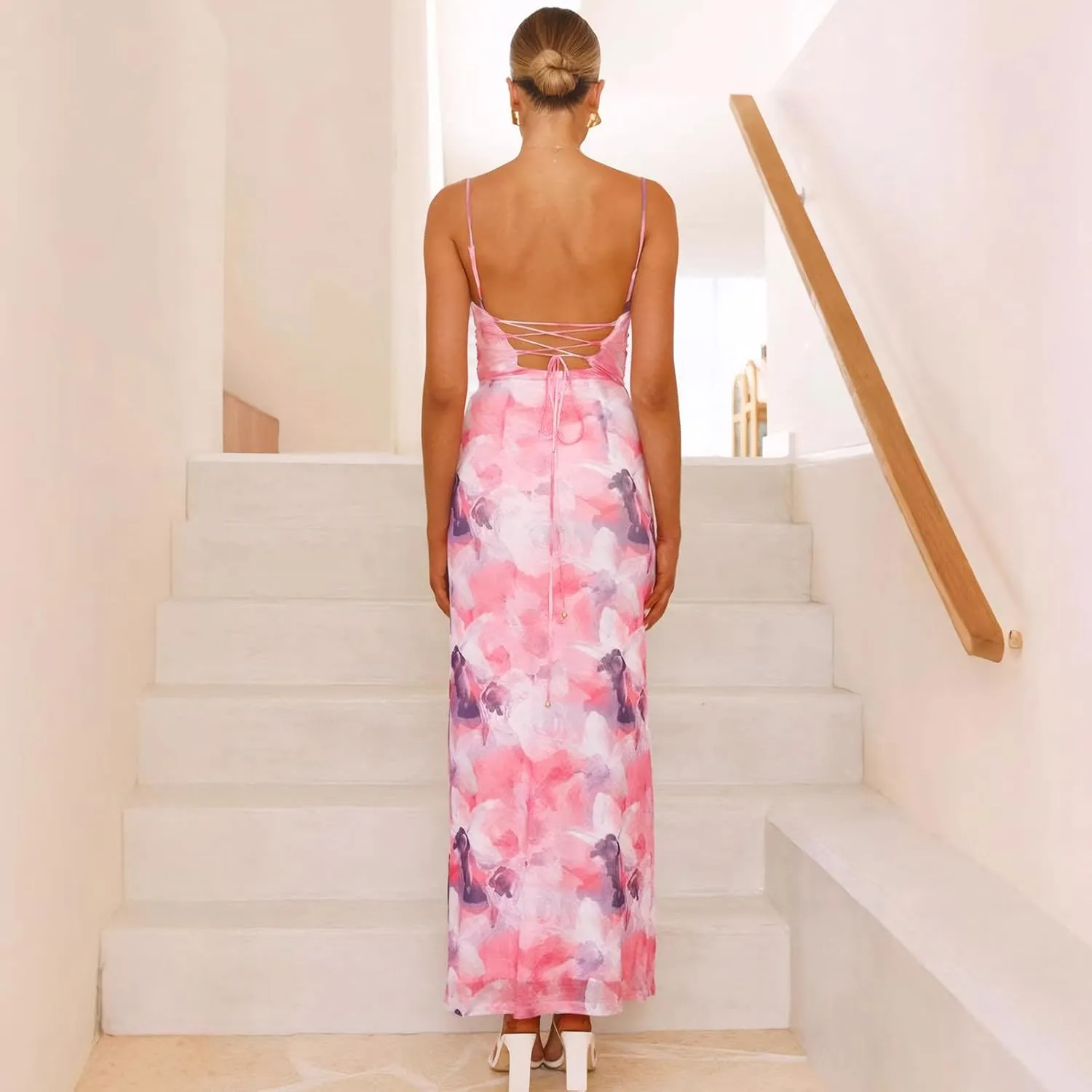 Women's Mesh Ruched Bodycon Dress Floral Spaghetti Strap Maxi Dress Stretch Sexy Backless Slip Long Dresses