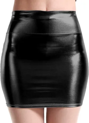 Women's Metallic Shiny PU Leather Bodycon Mini Skirt A-line Pencil Club Party Skirt Clubwear