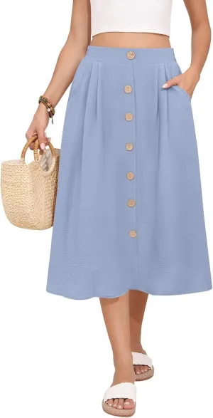 Women's Midi Skirt Summer Flowy High Waisted Casual Button Front Skirts with Pockets
