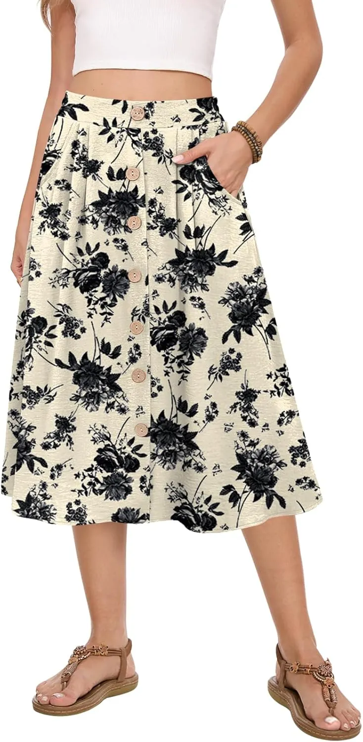 Women's Midi Skirt Summer Flowy High Waisted Casual Button Front Skirts with Pockets
