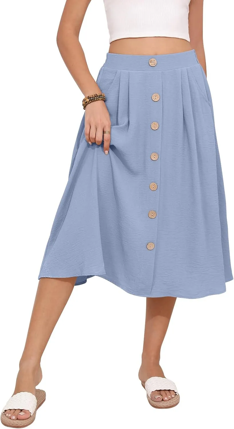 Women's Midi Skirt Summer Flowy High Waisted Casual Button Front Skirts with Pockets
