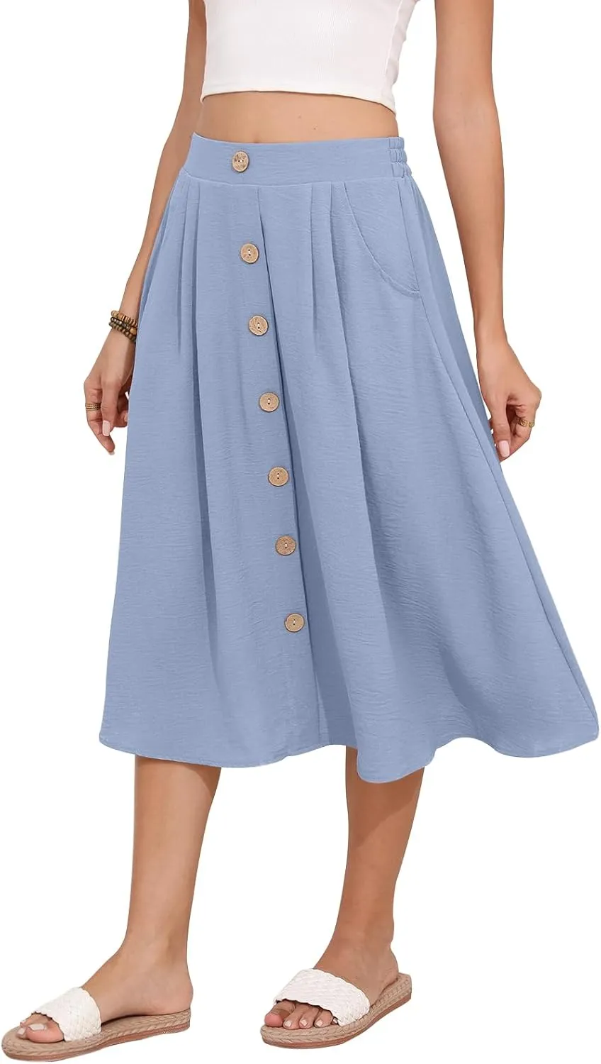 Women's Midi Skirt Summer Flowy High Waisted Casual Button Front Skirts with Pockets