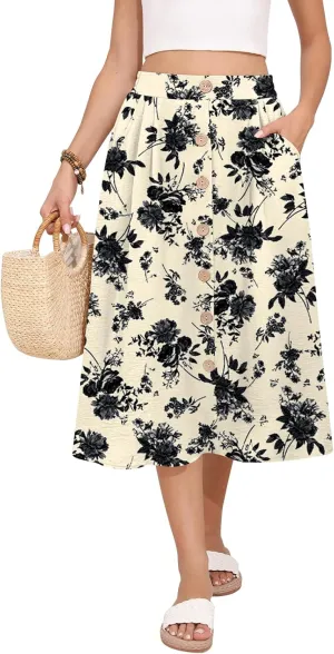 Women's Midi Skirt Summer Flowy High Waisted Casual Button Front Skirts with Pockets