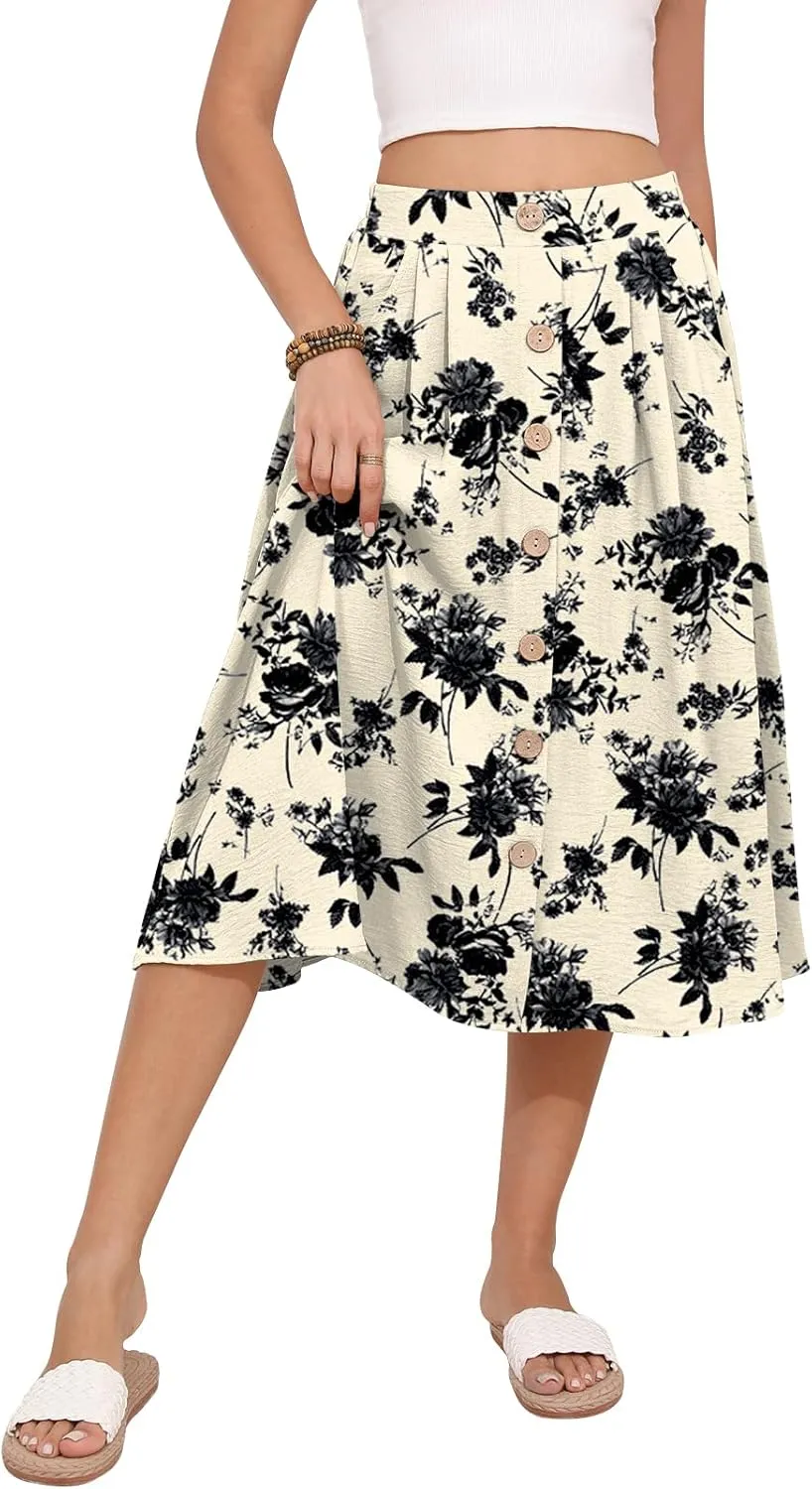 Women's Midi Skirt Summer Flowy High Waisted Casual Button Front Skirts with Pockets