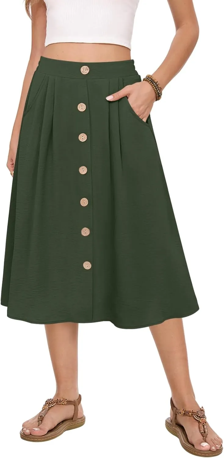 Women's Midi Skirt Summer Flowy High Waisted Casual Button Front Skirts with Pockets
