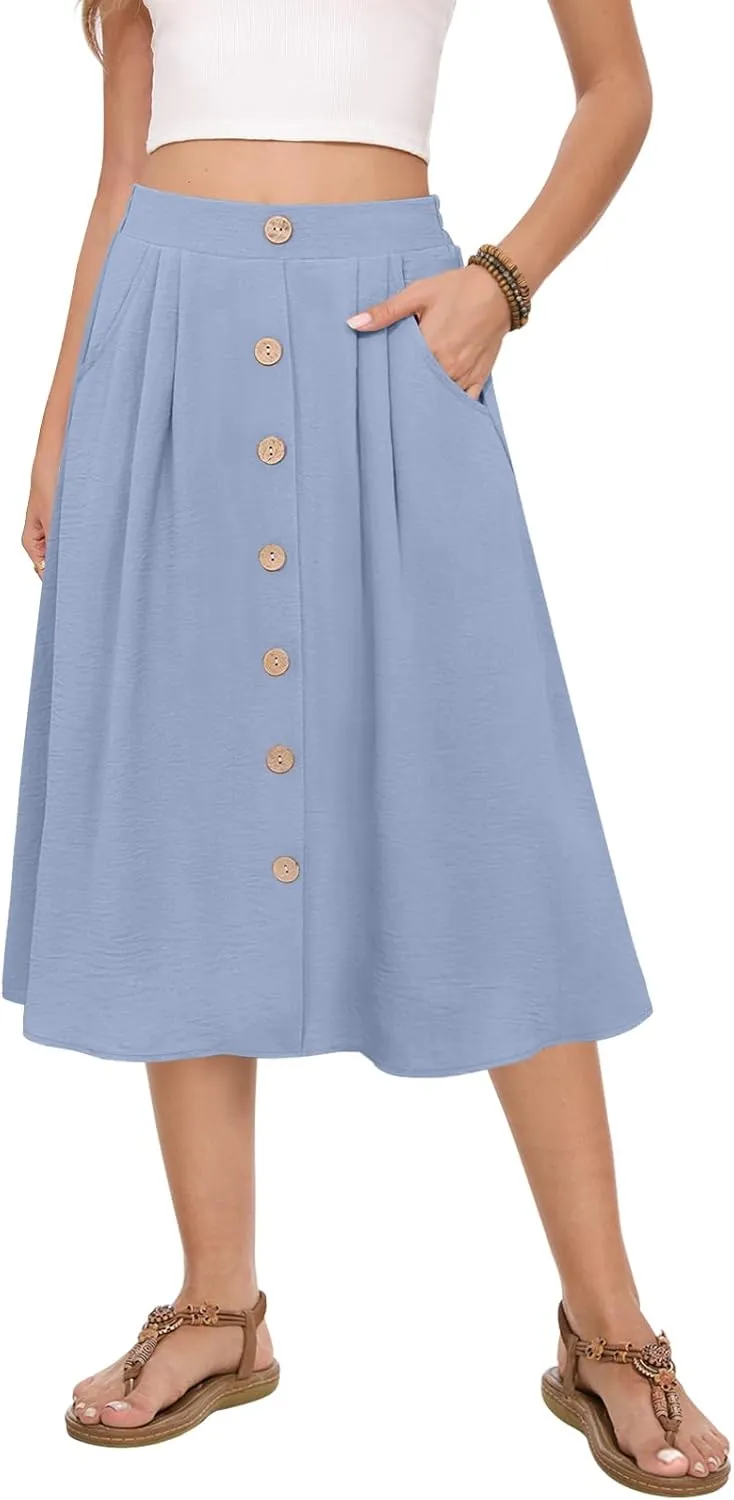 Women's Midi Skirt Summer Flowy High Waisted Casual Button Front Skirts with Pockets