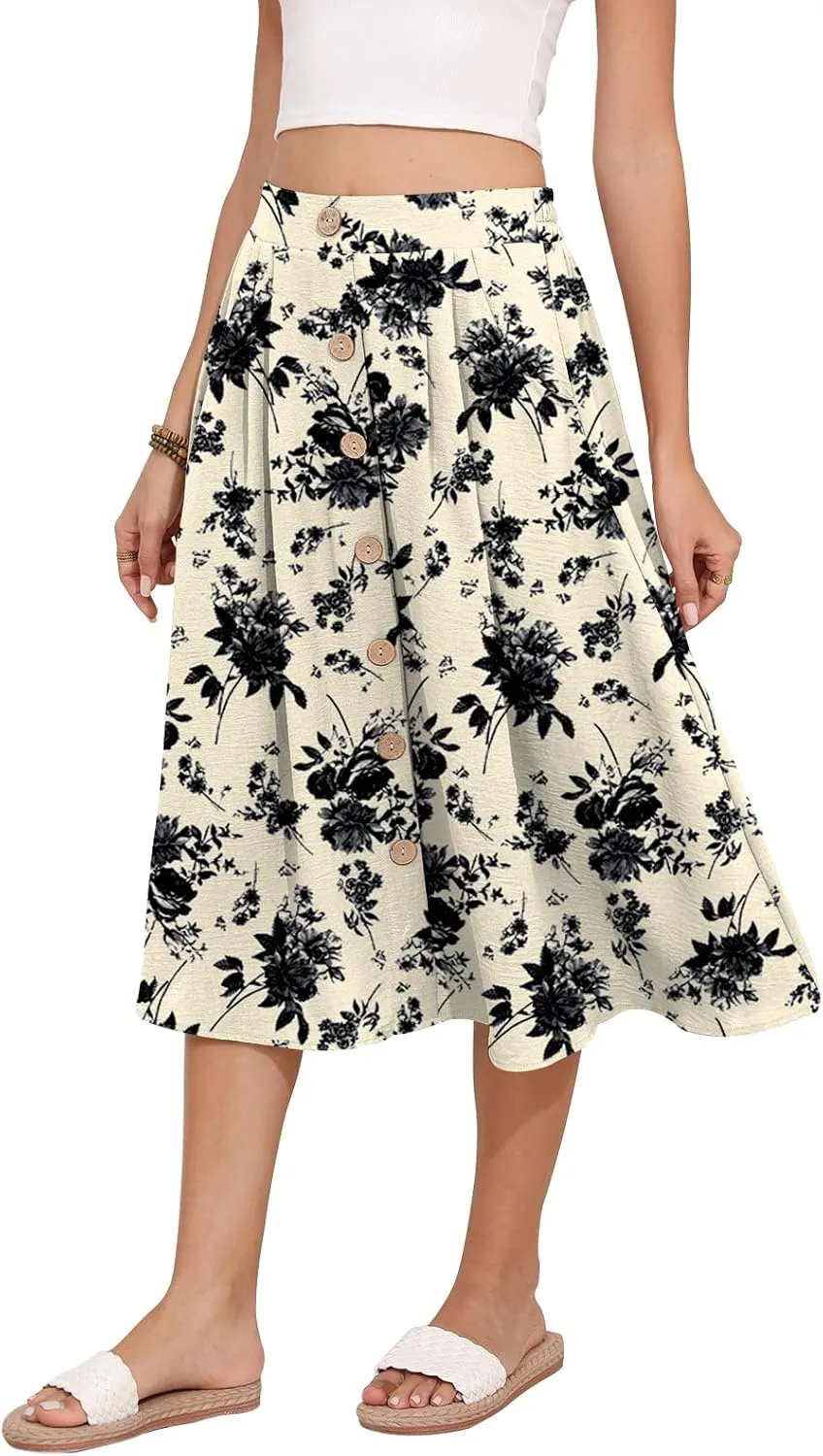 Women's Midi Skirt Summer Flowy High Waisted Casual Button Front Skirts with Pockets