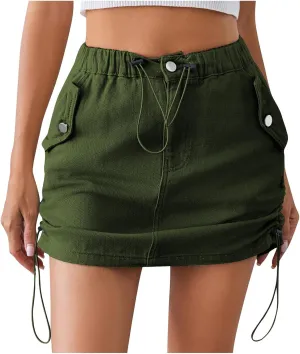 Womens Mini Denim Skirts with Pocket Drawstring Elastic Waist Cargo Short Skirts Casual Solid Color Jean Skirts