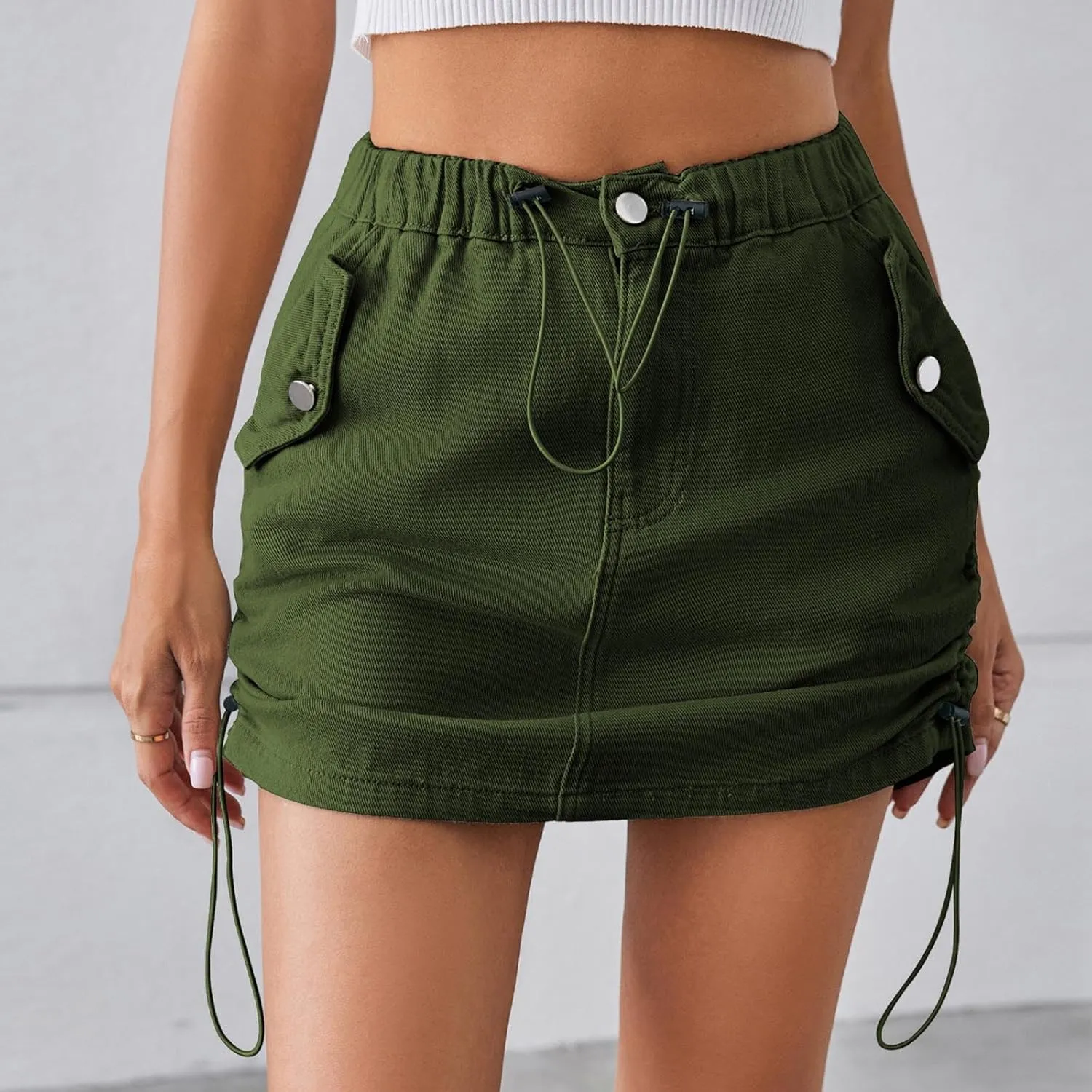 Womens Mini Denim Skirts with Pocket Drawstring Elastic Waist Cargo Short Skirts Casual Solid Color Jean Skirts