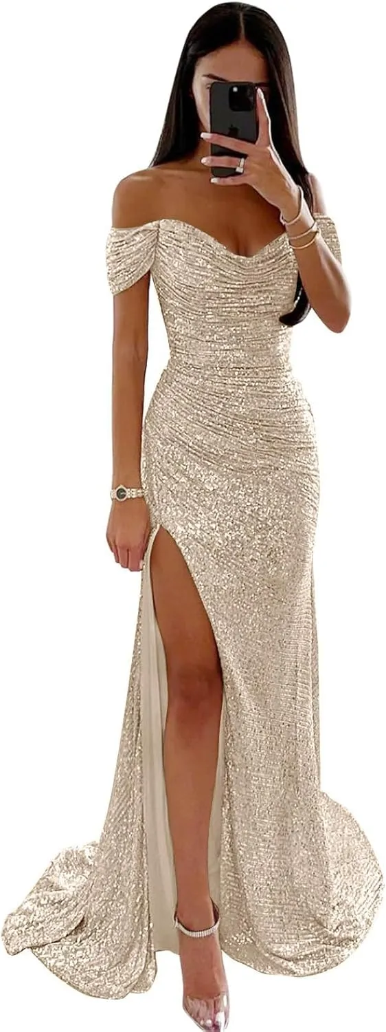Women's Off Shoulder Sequin Prom Dresses Mermaid Long Pleated Sparkly Formal Evening Gowns with Slit