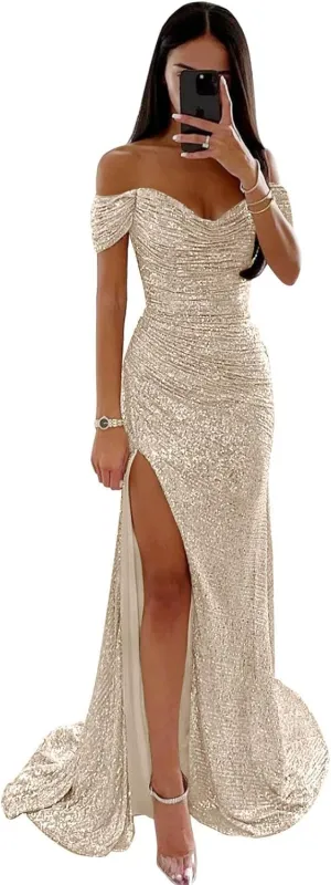 Women's Off Shoulder Sequin Prom Dresses Mermaid Long Pleated Sparkly Formal Evening Gowns with Slit