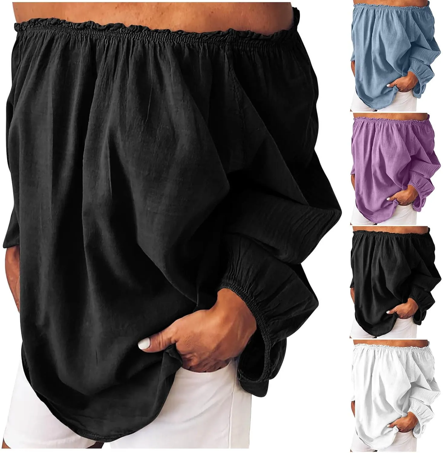 Women's Off The Shoulder TopsTrendy Shirred Neck Long Sleeve Flowy Cotton Linen Blouses Plus Size Solid Beach Shirts