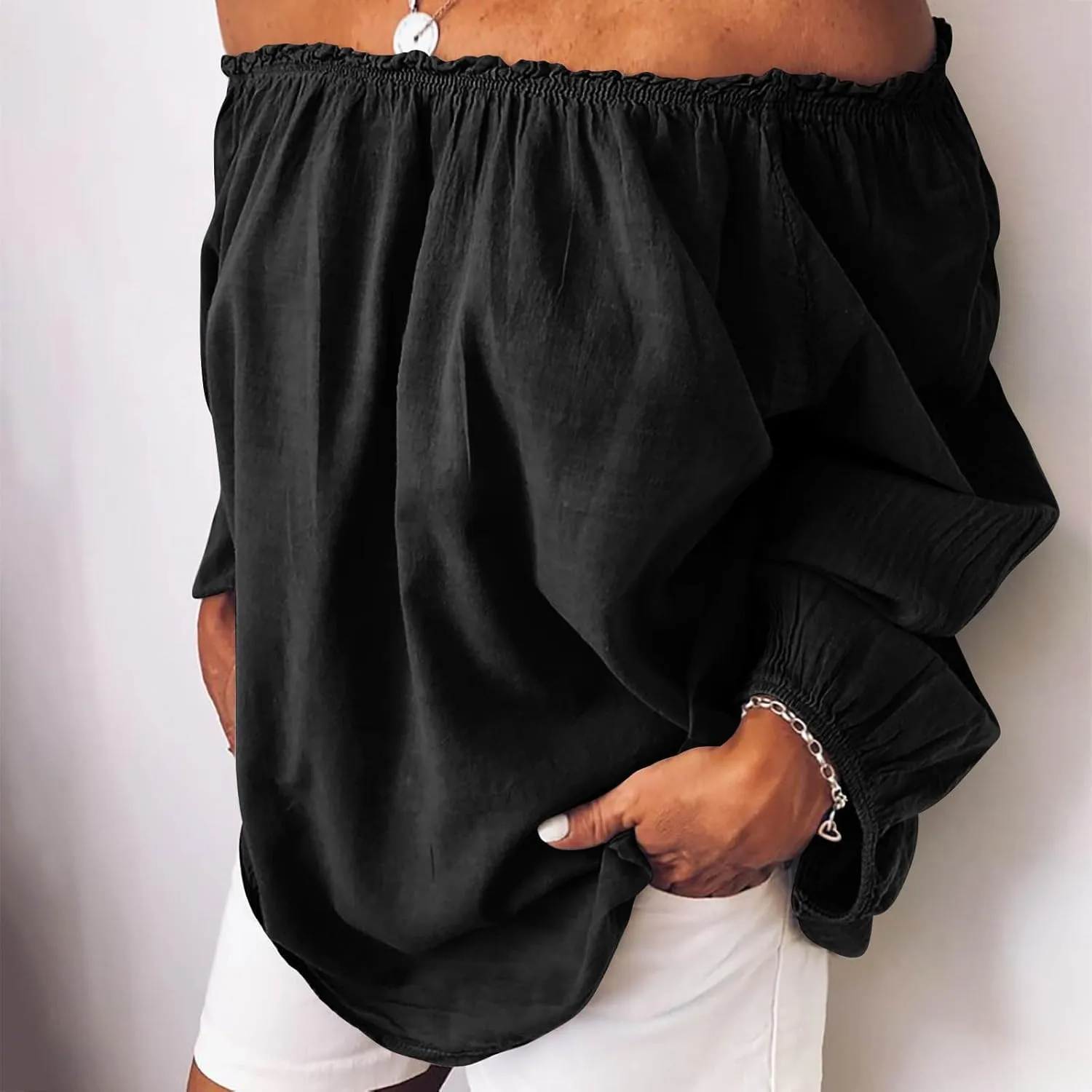 Women's Off The Shoulder TopsTrendy Shirred Neck Long Sleeve Flowy Cotton Linen Blouses Plus Size Solid Beach Shirts