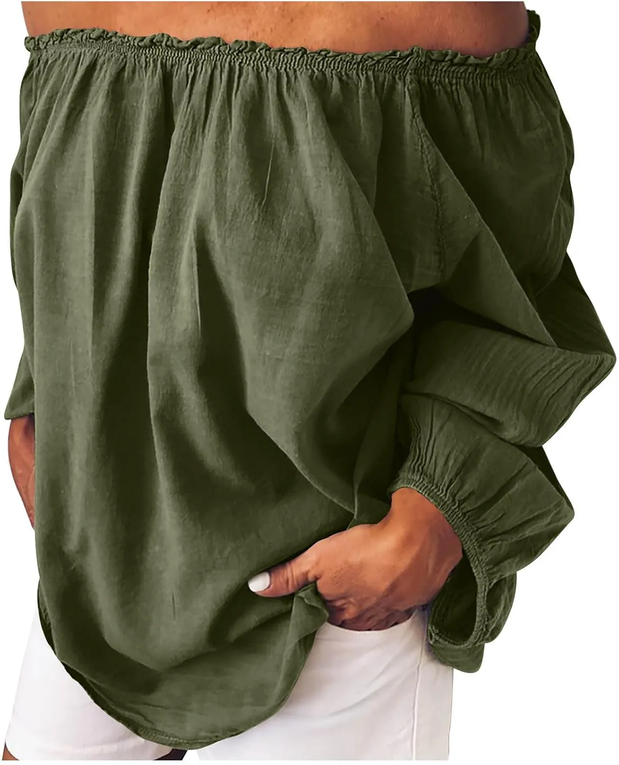 Women's Off The Shoulder TopsTrendy Shirred Neck Long Sleeve Flowy Cotton Linen Blouses Plus Size Solid Beach Shirts