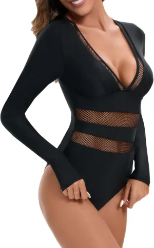 Women's One Piece Long Sleeve Swimsuit Tummy Control Zipper Bathing Suit Sexy Cut Out Swimwear